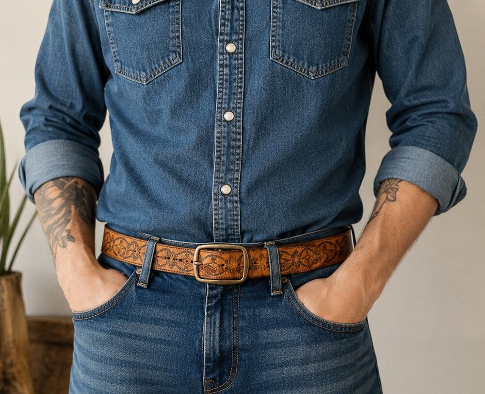 Vintage USA Full Grain Steerhide Tooled Leather Belt Tan Western Size 42 Rustic